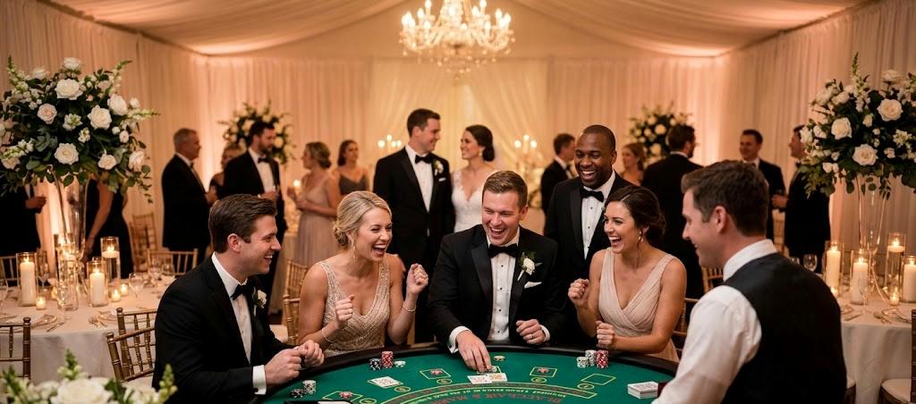 Wedding guests enjoying blackjack table at reception